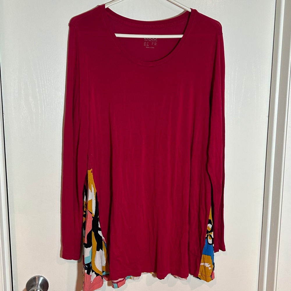LOGO Lori Goldstein Women's Red Long Sleeve Tunic Top Floral Print Inset Size 1X